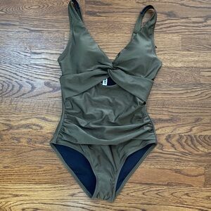 DKNY Women's Olive Twist-Front One-Piece Swimsuit Small NWOT